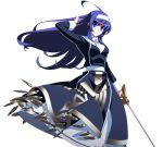  1girl ahoge artist_request blue_eyes blue_hair dress french-bread hairband highres holding long_hair long_sleeves official_art orie_(under_night_in-birth) rapier solo sword transparent_background under_night_in-birth weapon 