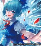 1girl blue_dress blue_eyes blue_hair bow cirno dress fairy fang hair_bow hair_ornament ice ice_wings light_particles looking_at_viewer open_mouth outstretched_arms petals puffy_sleeves short_hair short_sleeves smile solo sparkle text touhou tsukimoto_aoi vest wings 