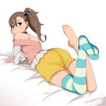  1girl ass bare_shoulders brown_hair butterfly_hair_ornament chousoku_henkei_gyrozetter feet female gagajya green_eyes hair_ornament inaba_rinne lying on_stomach shorts side_ponytail single_thighhigh solo thigh-highs toes 