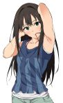  1girl arm_up armpits black_hair earrings green_eyes highres idolmaster idolmaster_cinderella_girls jewelry long_hair looking_at_viewer mouth_hold shibuya_rin smile solo sweat tank_top white_background yoshiki360 