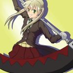  1girl blonde_hair blush colored gloves green_eyes jacket maka_albarn necktie scythe skirt smile solo soul_eater twintails weapon 