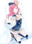  1girl anco_(melon85) blush boots breasts brooch cape clenched_hands constellation dress garter_straps hat jewelry knee_boots kneeling looking_at_viewer love_live!_school_idol_project nishikino_maki redhead solo star thigh_strap violet_eyes 