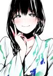  1girl black_hair blush japanese_clothes kimono long_hair looking_at_viewer original peace_symbol simple_background smile solo uekan v white_background yukata 