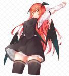  1girl arms_up bat_wings black_legwear blush head_wings koakuma long_hair long_sleeves looking_at_viewer puffy_sleeves red_eyes redhead shirt simple_background skirt skirt_set solo stretch thigh-highs touhou vest wings yukizumi_remon zettai_ryouiki 