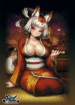  1girl absurdres alcohol animal_ears blush breasts cleavage fox_ears fox_tail hair_up highres japanese_clothes kimono kongiku large_breasts leaf leaf_on_head leaf_print looking_at_viewer oboro_muramasa orange_eyes petals sakazuki sake scan shigatake silver_hair sitting smile solo tail tatami 