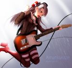  1girl akabane_rin amatsukaze_(kantai_collection) brown_eyes guitar highres instrument jumping kantai_collection long_hair sailor_dress silver_hair solo sweat two_side_up 