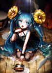  1girl blue_eyes blue_hair dress earrings garter_straps hatsune_miku honnou_(kjs9504) jewelry lace_legwear long_hair looking_at_viewer open_mouth seiza sheet_music sitting solo tears thigh-highs twintails very_long_hair vocaloid wooden_floor 