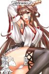  1girl ahoge ass bare_shoulders brown_hair detached_sleeves hairband headgear japanese_clothes kantai_collection kongou_(kantai_collection) long_hair nontraditional_miko panties sitting translation_request underwear yapo_(croquis_side) 