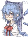 (9) 1girl bangs blue_eyes blue_hair blue_ribbon brooch character_name cirno collared_shirt fang glasses hair_ribbon ice ice_wings jewelry looking_at_viewer lyu pointy_ears red_ribbon ribbon short_hair signature simple_background solo touhou white_background wings 