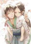  2boys bandana barefoot black_hair bun_cover child chinese_clothes earrings hair_bun hakutaku_(hoozuki_no_reitetsu) hanfu hoozuki_(hoozuki_no_reitetsu) hoozuki_no_reitetsu horn j.w jewelry long_sleeves looking_at_viewer male_focus multiple_boys oni petals piggyback pointy_ears smile v yellow_eyes 