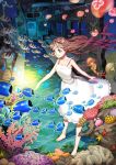  1girl absurdres barefoot blue_eyes brown_hair clinexgrim coral dress highres jellyfish long_hair original sleeveless smile solo subway underwater water 