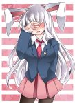  1girl animal_ears arm_behind_back blazer blush commentary_request covering_eyes crescent dress_shirt hammer_(sunset_beach) long_hair neckerchief open_mouth pantyhose rabbit_ears reisen_udongein_inaba shirt silver_hair skirt smile solo touhou 
