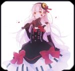  1girl axe black_dress blood blood_on_face bow dress gloves gothic_lolita hairband kaneko_aaru lolita_fashion long_hair looking_at_viewer mayu_(vocaloid) smile solo vocaloid weapon white_hair yandere yellow_eyes 