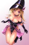  1girl bare_shoulders black_gloves blonde_hair blush blush_stickers boots breasts cleavage detached_collar duel_monster female gloves hat highres lips long_hair looking_at_viewer magi_magi_magician_gal no_panties smile solo violet_eyes xayux yuu-gi-ou yuu-gi-ou_zexal 