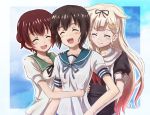  3girls black_hair blonde_hair brown_hair closed_eyes fubuki_(kantai_collection) hair_flaps hug hug_from_behind kantai_collection long_hair multiple_girls mutsuki_(kantai_collection) ootori_(kyoya-ohtori) ponytail remodel_(kantai_collection) scarf school_uniform serafuku short_hair yuudachi_(kantai_collection) 