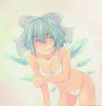  1girl bikini blue_eyes blue_hair bow breast_squeeze breasts cirno cleavage collarbone cowboy_shot hair_bow hand_on_own_arm ice ice_wings leaning_forward light_smile looking_at_viewer pink_background short_hair solo swimsuit touhou traditional_media watercolor_(medium) white_bikini white_swimsuit wings yuyu_(00365676) 