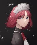  1girl absurdres apron black_background blue_eyes code_nt from_side highres hisui_(tsukihime) looking_at_viewer maid_apron maid_headdress neck_ribbon open_mouth red_ribbon redhead ribbon short_hair solo tsukihime upper_body white_headdress 