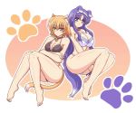  2girls :&lt; animal_ears arisa_bannings bare_shoulders bell bell_collar bikini blonde_hair blue_eyes blush breasts cat_ears cat_tail cleavage collar crossed_arms dog_ears dog_tail earrings frilled_bikini frills hairband jewelry kano-0724 kemonomimi_mode large_breasts long_hair lyrical_nanoha mahou_shoujo_lyrical_nanoha_strikers multiple_girls paw_print purple_hair shiny shiny_hair shiny_skin short_hair smile swimsuit tail tsukimura_suzuka violet_eyes 