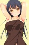  1girl armpits arms_up black_hair blush breasts brown_eyes highres large_breasts long_hair matsunaga_kouyou naked_towel original solo towel upper_body 