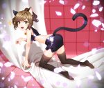  1girl all_fours animal_ears bare_shoulders bell bell_collar brown_hair cat_ears cat_tail clinexgrim collar fang green_eyes highres idolmaster idolmaster_cinderella_girls long_hair maekawa_miku midriff petals ponytail skirt solo tail thigh-highs 