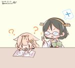  2girls :i ? black_hair blonde_hair chibi closed_mouth confused dated glasses hair_flaps hair_ornament hair_ribbon hairclip kantai_collection kirishima_(kantai_collection) long_hair long_sleeves lowres momoniku_(taretare-13) multiple_girls neckerchief nontraditional_miko open_mouth pout remodel_(kantai_collection) ribbon scarf school_uniform serafuku short_hair short_sleeves solid_oval_eyes twitter_username wide_sleeves yuudachi_(kantai_collection) 