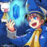  2boys ahoge artist_request blue_eyes brown_hair coat commentary_request copyright_name crystal deci deci_(ffrk) dr._mog final_fantasy final_fantasy_record_keeper hat lowres male_focus moogle multiple_boys open_mouth scholar tyro 