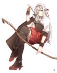  1girl arrow bow_(weapon) ghost_(ghost528) gloves hairband highres japanese_clothes kantai_collection long_hair muneate quiver shoukaku_(kantai_collection) silver_hair smile weapon yellow_eyes 