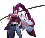  1girl artist_request breasts cleavage collarbone denim french-bread hair_intakes hair_ribbon hand_on_hip high_ponytail highres holding jeans katana long_hair navel official_art open_fly over_shoulder pants ponytail purple_hair red_eyes ribbon sheath smile solo sword tank_top transparent_background under_night_in-birth unzipped weapon weapon_over_shoulder yuzuriha_(under_night_in-birth) 