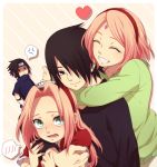  age_comparison anger_vein black_hair blush dual_persona forehead_protector green_eyes happy haruno_sakura hug hug_from_behind naruto pink_hair short_hair smile spoken_anger_vein takaichi_(as121) uchiha_sasuke 