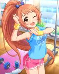  1girl artist_request blush brown_eyes idolmaster idolmaster_cinderella_girls indoors jpeg_artifacts long_hair looking_at_viewer official_art one_eye_closed open_mouth orange_hair outside_border ponytail shorts solo source_request star sweat very_long_hair wakabayashi_tomoka weights wristband 