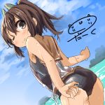  1girl blue_swimsuit blush brown_eyes brown_hair darkside i-401_(kantai_collection) kantai_collection long_hair looking_at_viewer one-piece_swimsuit one_eye_closed ponytail smile solo swimsuit wet 