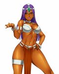  1girl armlet bracelet breasts choker circlet dark_skin dragon_quest dragon_quest_iv earrings hand_on_hip jewelry large_breasts lips lipstick loincloth long_hair makeup manya matoyama navel parted_lips purple_hair simple_background solo thigh_strap white_background 