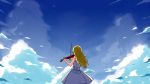  1girl blonde_hair from_behind instrument long_hair sky_(freedom) solo 