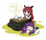  2girls :o bangs bat_wings blunt_bangs blush book book_stack byourou chibi crescent cup dress_shirt head_wings knitting koakuma kotatsu long_hair low-tied_long_hair multiple_girls no_hat open_book open_mouth patchouli_knowledge pointy_ears red_eyes redhead shirt simple_background sleeping smile star steam table teacup teapot touhou under_kotatsu under_table vest white_background white_shirt wings yarnball 