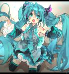  1girl aqua_eyes aqua_hair boots detached_sleeves hatsune_miku letterboxed long_hair necktie open_mouth skirt solo thigh-highs thigh_boots toujou_sakana twintails very_long_hair vocaloid 