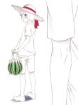  bag blush food fruit hourou_musuko monochrome nitori_shuuichi sawa_jaaji short_hair spot_color trap watermelon 