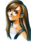  1girl brown_hair closed_mouth collarbone earrings female final_fantasy final_fantasy_vii jewelry long_hair lowres nomura_tetsuya official_art red_eyes smile solo tifa_lockhart white_background 