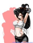  1girl arms_up black_hair breasts cleavage final_fantasy final_fantasy_vii long_hair midriff open_mouth red_eyes skirt solo tifa_lockhart 