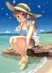  bad_id barefoot beach bird brown_eyes brown_hair denim_skirt face feet feet_in_water hands hands_on_feet hat legs ocean original pairan ponytail sandals seagull skirt soaking_feet straw_hat water 