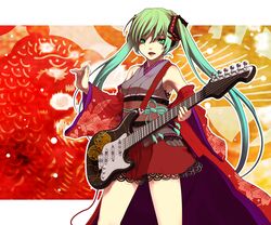  aqua_eyes aqua_hair bad_id dioptrie guitar hatsune_miku instrument japanese_clothes kimono long_hair solo strat(guitar) twintails vocaloid yukata 