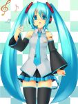  aqua_eyes aqua_hair bad_id bare_shoulders blue_eyes blue_hair checkered checkered_background detached_sleeves hatsune_miku headphones long_hair necktie pleated_skirt singing skirt solo thigh-highs thighhighs tsukumiya_amane twintails very_long_hair vocaloid zettai_ryouiki 