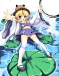  blue_eyes eyes hat legs lily_pad lilypads mary_janes midori-shiki moriya's_iron_rings moriya_suwako open_mouth outstretched_arms panties pantyshot shoes short_hair smile spread_arms thigh-highs thighhighs touhou underwear white_legwear 