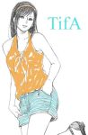  1girl bare_shoulders black_hair final_fantasy final_fantasy_vii headband looking_at_viewer partially_colored shorts sketch smile tifa_lockhart white_background 