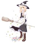  blonde_hair boots braid broom flower hair_ribbon hat kirisame_marisa popri poprication ribbon short_hair smile solo star touhou witch_hat yellow_eyes 