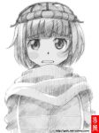  blunt_bangs blush cap gofu hat monochrome scarf sketch solo suzukawa_koume taishou_yakyuu_musume traditional_media 