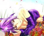  ayane ayane_(doa) dead_or_alive detached_sleeves flower headband japanese_clothes lying petals purple_hair red_eyes saitou_(sugarsa10) short_hair smile thigh-highs thighhighs 