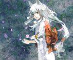  animal_ears capcom cherry_blossoms highres japanese_clothes kimono long_hair looking_back mosasa okami personification solo white_hair wolf_ears yellow_eyes 