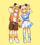  1boy 1girl aether_(genshin_impact) alternate_costume animal_ear_headwear animal_ears artist_name belt_buckle blonde_hair blue_bow blue_bracelet blue_dress blue_socks bow braid braided_ponytail brother_and_sister brown_eyes brown_shorts buckle character_print closed_mouth disney dress fake_animal_ears full_body genshin_impact grin hair_between_eyes hair_bow hand_on_headwear hand_on_hip hand_up highres jacket letterman_jacket locked_arms looking_at_viewer loose_socks lumine_(genshin_impact) lynlynexx mouse_ears orange_socks pleated_skirt ponytail shirt short_hair_with_long_locks shorts siblings skirt smile socks standing strap twitter_username two-tone_dress white_dress white_footwear white_shirt yellow_background 