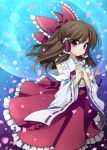  1girl bow brown_hair colored detached_sleeves hair_bow hakurei_reimu highres masaru.jp petals pink_eyes short_hair touhou 