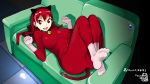  animal_ears ass bad_id bell bell_collar bodysuit breasts cat_costume cat_pose collar couch feet gloves highres large_breasts long_hair lying mori_hikiko original paw_pose red_eyes red_hair redhead socks tail teriyaki 